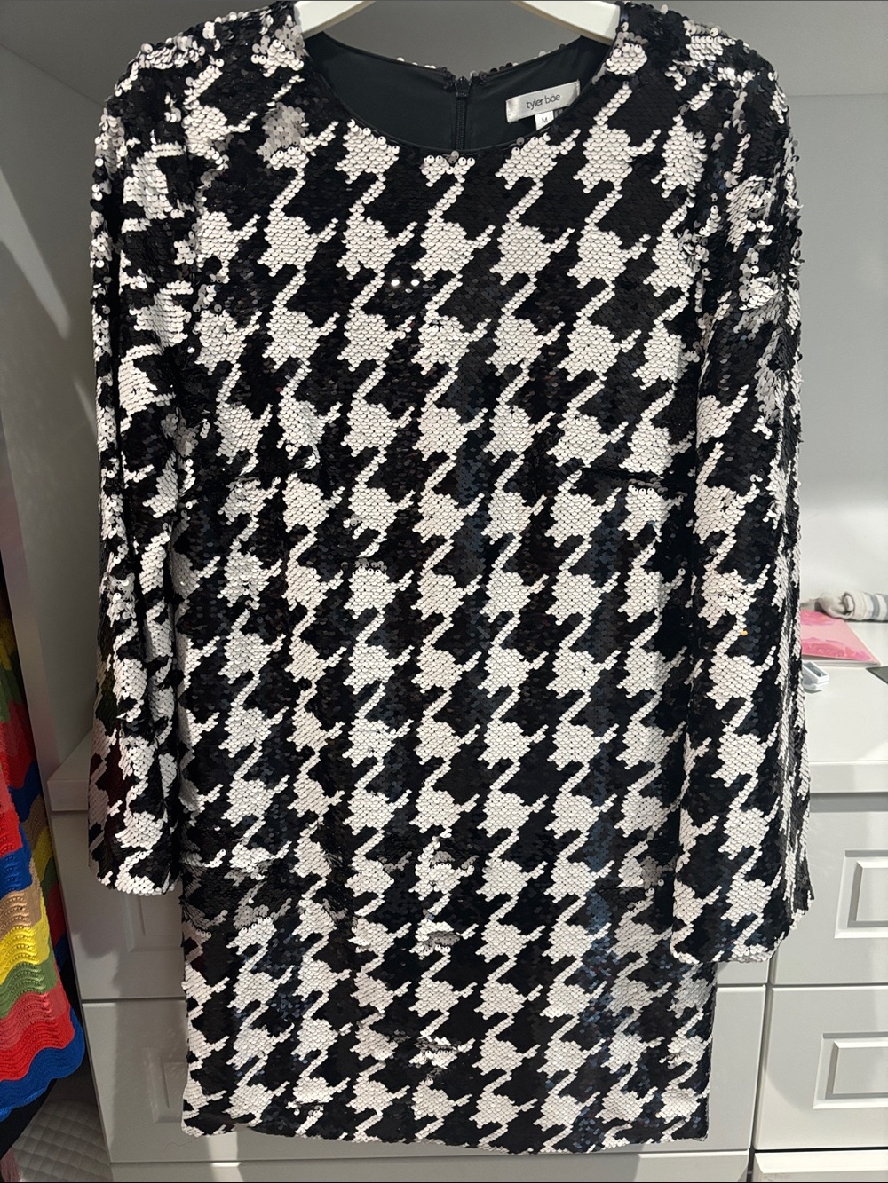 Tyler Boe Black & White Sequin Houndstooth Long Sleeve Dress